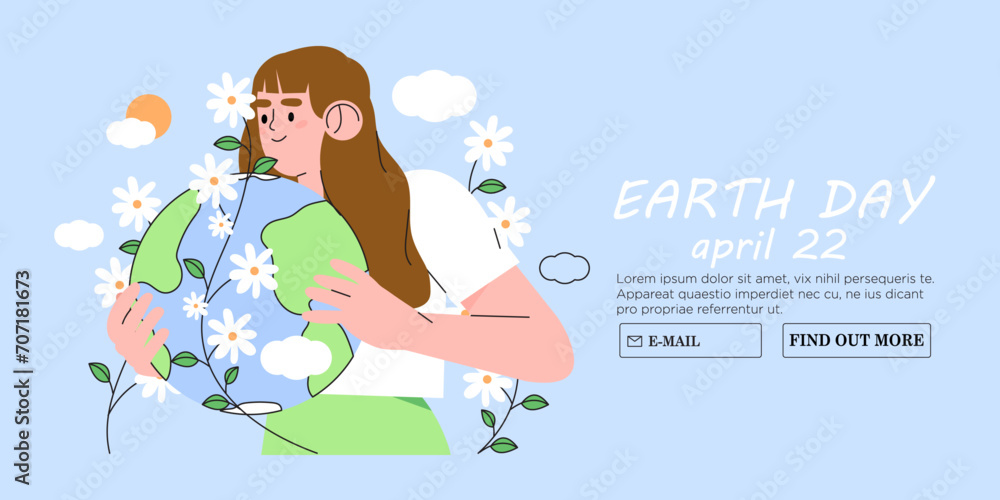 World environment or earth day poster with woman holding earth globe. Protect environment green eco concept. Green and peaceful illustration in modern flat style with girl care about our planet. World environment or earth day poster with woman holding earth globe. Protect environment green eco concept. Green and peaceful illustration in modern flat style with girl care about our planet.