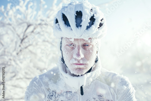 White dressed man full of snow, dressend as a racing cyclist with helmet and jersey, coverd with snow, all white, in a white winter langscape photo