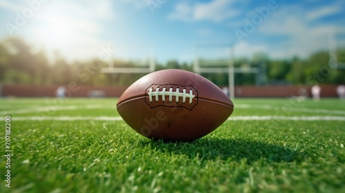 a us football field marker, a tan leather ball for us football on a grassy surface for play