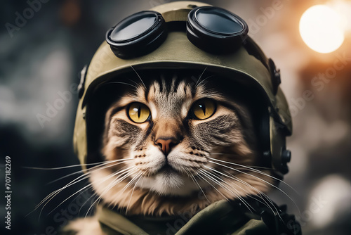 Cat soldier. Cat in uniform at war. Military cat in a helmet. Concept of resistance to aggression. AI generated