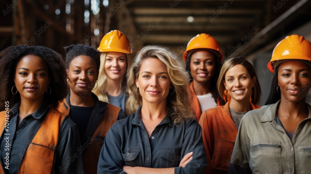 Portrait of a group of confident young women working at construction site wearing uniform. Portrait of a group of confident young women working at construction site wearing uniform.
