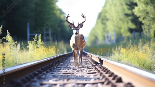 capreolus capreolus jumping over railroad in rural area during a sunny day