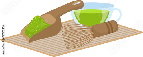 Green tea in a cup with matcha powder on bamboo spoon and whisk. Japanese traditional beverage on mat vector illustration.