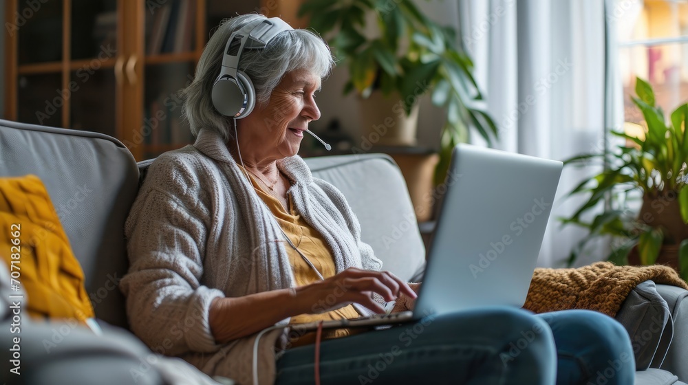 Senior woman listening to music or working on laptop while sitting on sofa at home