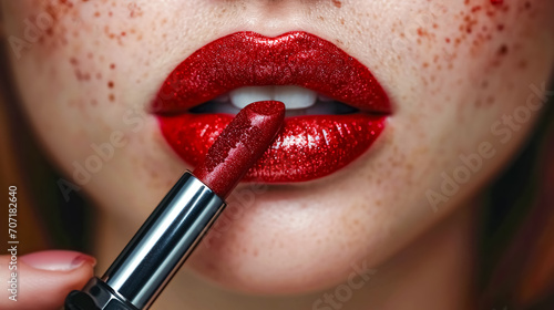 Closeup shot of beautiful female lips with bright red lipstick. Makeup concept photo