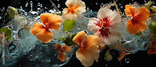 Close-up of nasturtium flowers with water droplets. photo