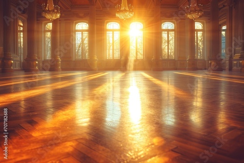 Empty room with sunlight, museum or ballroom dance room photo