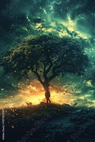 Concept of mourning grieve and seeing new light ahead. Solo tree with person standing underneath.