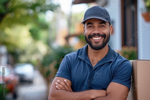 Portrait of delivery man, delivering packages, products or a food delivery or a small business owner for example a plumbers, engineer or a handyman photo
