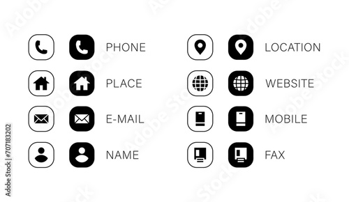 Business contact information icon set. fill and outline style square button business card icons includes phone, place, e-mail, location, website, mobile and fax icon	 photo