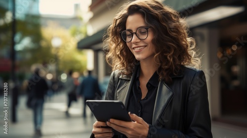 Portrait of a Happy Young Businesswoman Using Mobile Phone in the Urban City. Lifestyle of Modern People. Front View. Modern Building as background