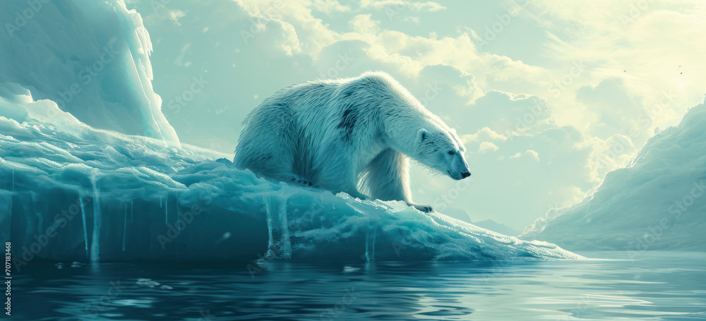 Polar bear on melting ice floe, climate change and wildlife conservation.