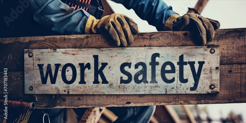Work safety warning sign on the background of a man in overalls.