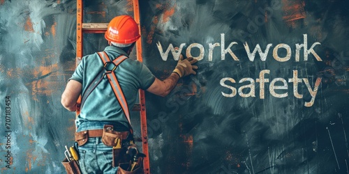 Work safety sign on wall the background of a man in overalls.