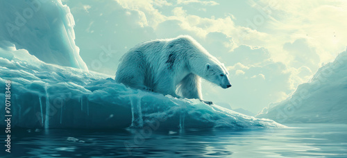 Polar bear on melting ice floe, climate change and wildlife conservation.