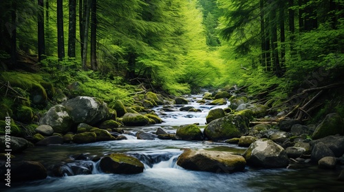 river with mossy rocks in the middle of a tropical forest