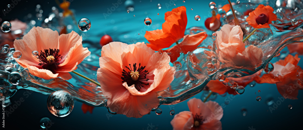 Close-up of poppy flowers with water droplets.