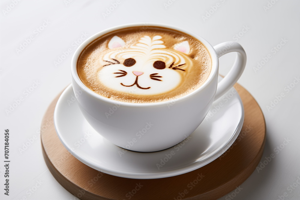 Obraz premium Cute cat latte art coffee in white cup on wood table, cute cat cappuccino art, Generated AI