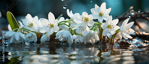 Close-up of snowdrop flowers with water droplets.
