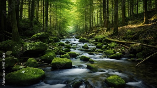 river with mossy rocks in the middle of a tropical forest