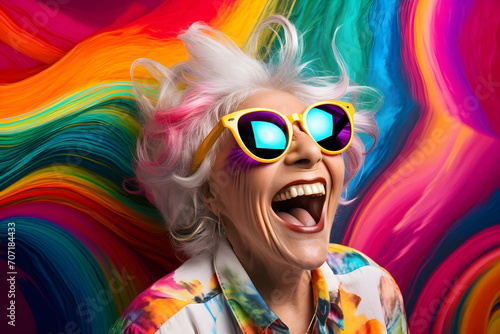 senior woman portrait with sunglasses on colored background, Generative AI