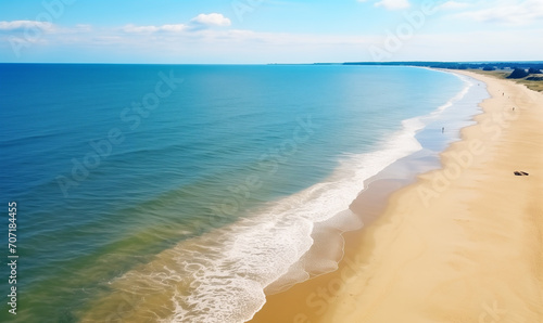 Beautiful tropical beach with blue sky and white clouds texture background. Nature landscape view of beach and sea in sunny day. Copy space of summer vacation and holiday business travel concept.
