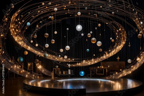Conjure a celestial spectacle with the Celestial Symphony Sculpture Installation, bathed in perfect lighting that accentuates the intricate details of planets, moons, and celestial bodies.
