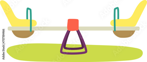 Colorful seesaw in playground, balanced seesaw on green grass, children's play equipment vector illustration. Fun outdoor activities, playground equipment, balance concept illustration.