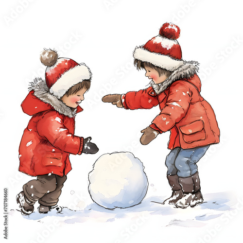 Children playing in the snow isolated on white background, sketch, png
 photo
