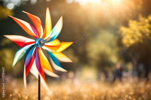 A homemade pinwheel spinning in the wind, with a blurred background of a sunny day. photo