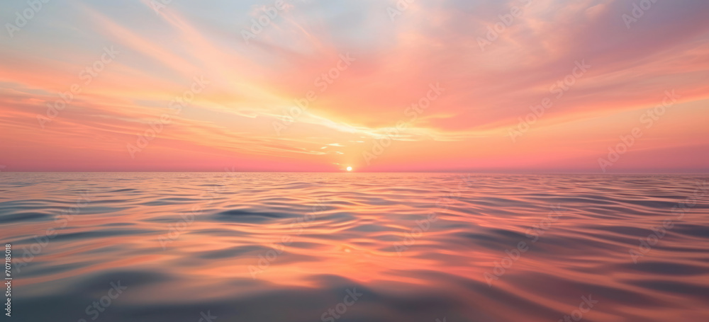 Serene ocean sunset with gentle waves and warm colors. Peaceful nature background.