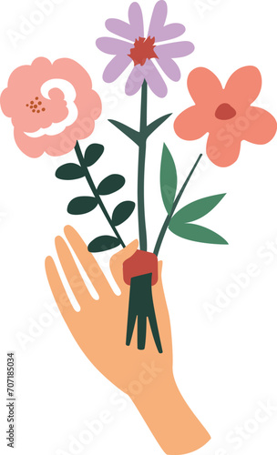 Flower in hand flat illustration  vector illustration on white background. Floral concept.