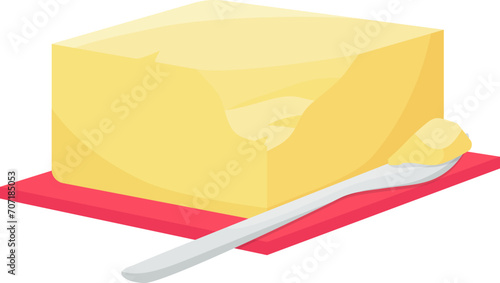 Block of butter on a red dish with butter knife. Yellow stick of butter with a small piece cut off on the side vector illustration.