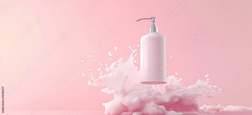 Dispenser with splashing lotion on pink background. Product presentation. Dispenser with splashing lotion on pink background. Product presentation.
