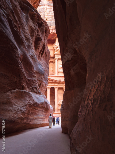 Welcome to Petra, the Treasury, also called Khazneh historical and touristic monument in Jordan photo