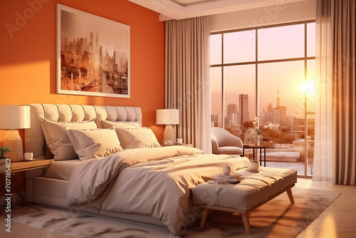 The design of the bedroom with bright orange and beige nuance with a spacious room. Modern minimalist bedroom interior design. Aesthetic luxury room decoration and unique furniture and eye-catching