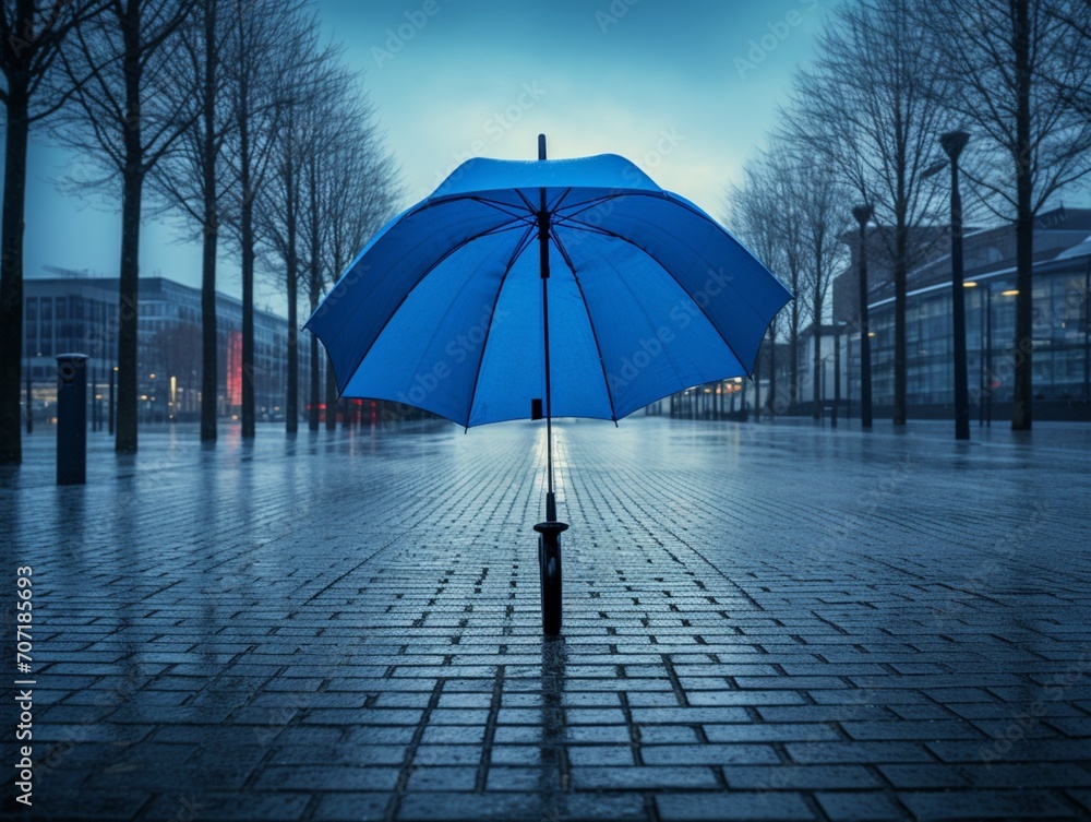A blue umbrella street weather view photography AI Generated Image