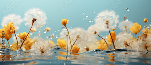 Macro of white dandelion with water droplets.