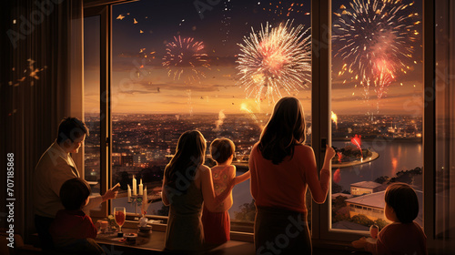 Illustrate a cozy indoor scene where a family gathers to welcome the New Year. Capture the joyous expressions of family members as they watch fireworks through a window.  photo