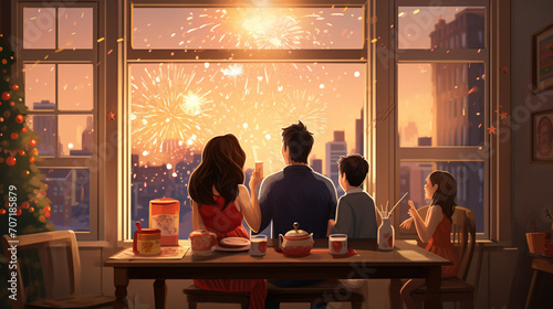 Illustrate a cozy indoor scene where a family gathers to welcome the New Year. Capture the joyous expressions of family members as they watch fireworks through a window. photo