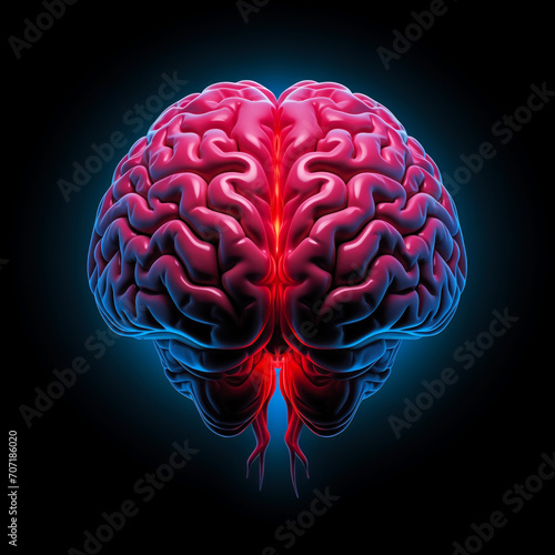 Glowing Human Brain Isolated on Black Background. Neurological Poster Concept