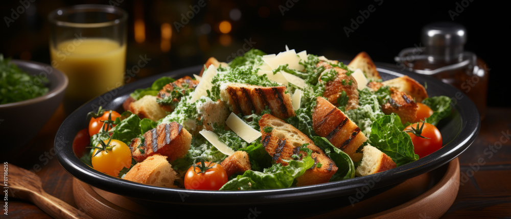 Fresh Caesar salad with grilled chicken, romaine lettuce, and boiled eggs, served on a rustic wooden background. - obrazy, fototapety, plakaty 