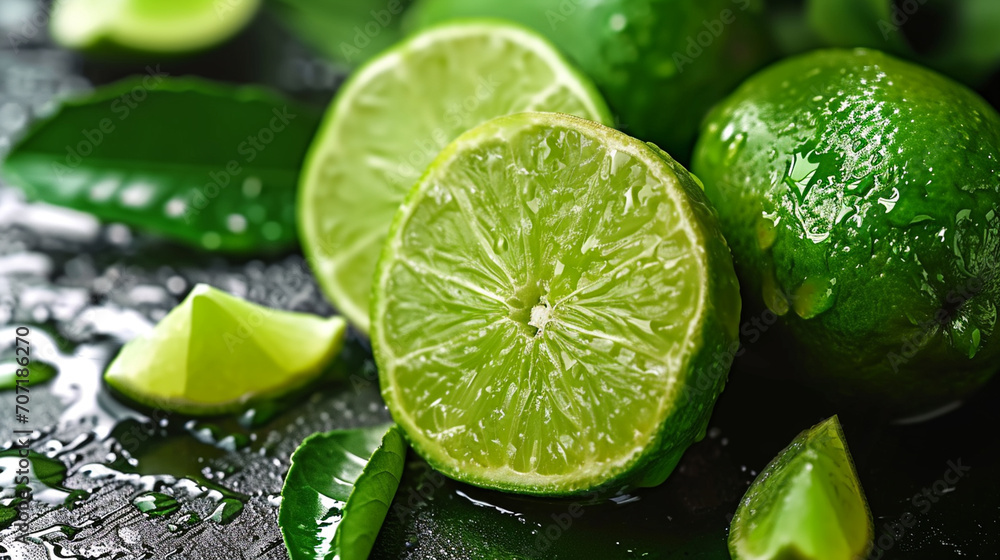 Fresh lime on wooden background. selective focus. Generative AI, Fresh lime on wooden background. selective focus. Generative AI,