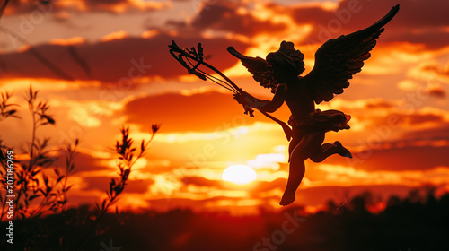 Silhouette of Cupid against a vibrant sunset, capturing the timeless essence of love and the beauty of a romantic evening.