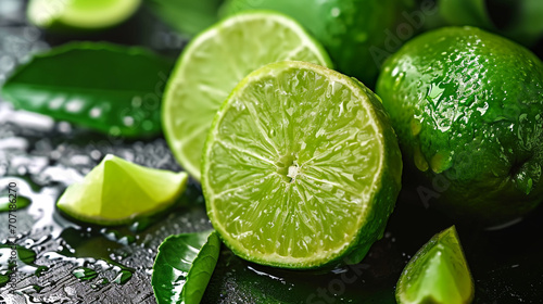 Fresh lime on wooden background. selective focus. Generative AI,