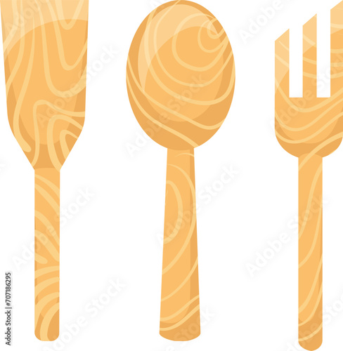 Wooden kitchen utensils set. Smooth light brown wood texture. Cooking and serving tools vector illustration. Kitchenware essentials, home cooking and dining theme.
