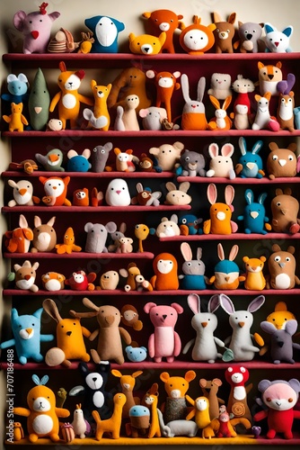 A vibrant collection of hand-sewn felt toys, including cute animals and whimsical characters, displayed on a colorful shelf.