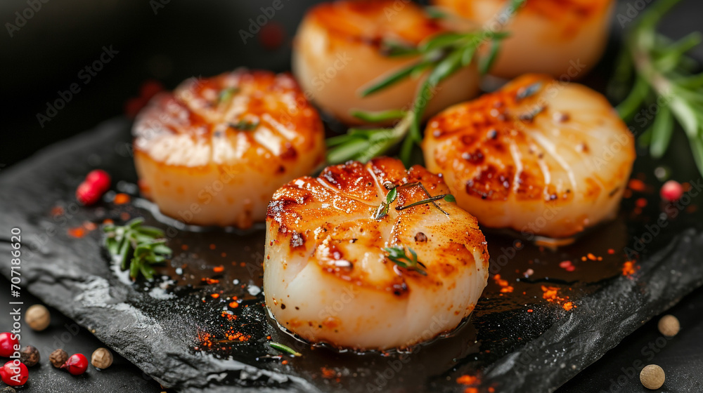 Fried scallops with spices on a dark
background. Homemade food, restaurant. Very tasty and healthy. Fried scallops with spices on a dark
background. Homemade food, restaurant. Very tasty and healthy.