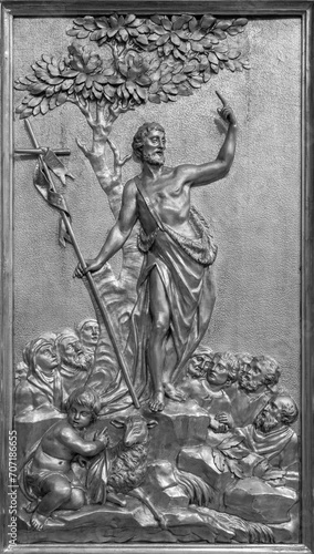 St John the Baptist calling to penance – a relief sculpture. Church of Saint Giles (Kirche St. Ägyd) in Gumpendorf, Vienna.