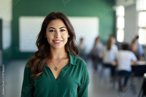 a photo portrait of a beautiful young female mexican american school teacher standing in the classroom. students sitting and walking in the break. blurry background behind